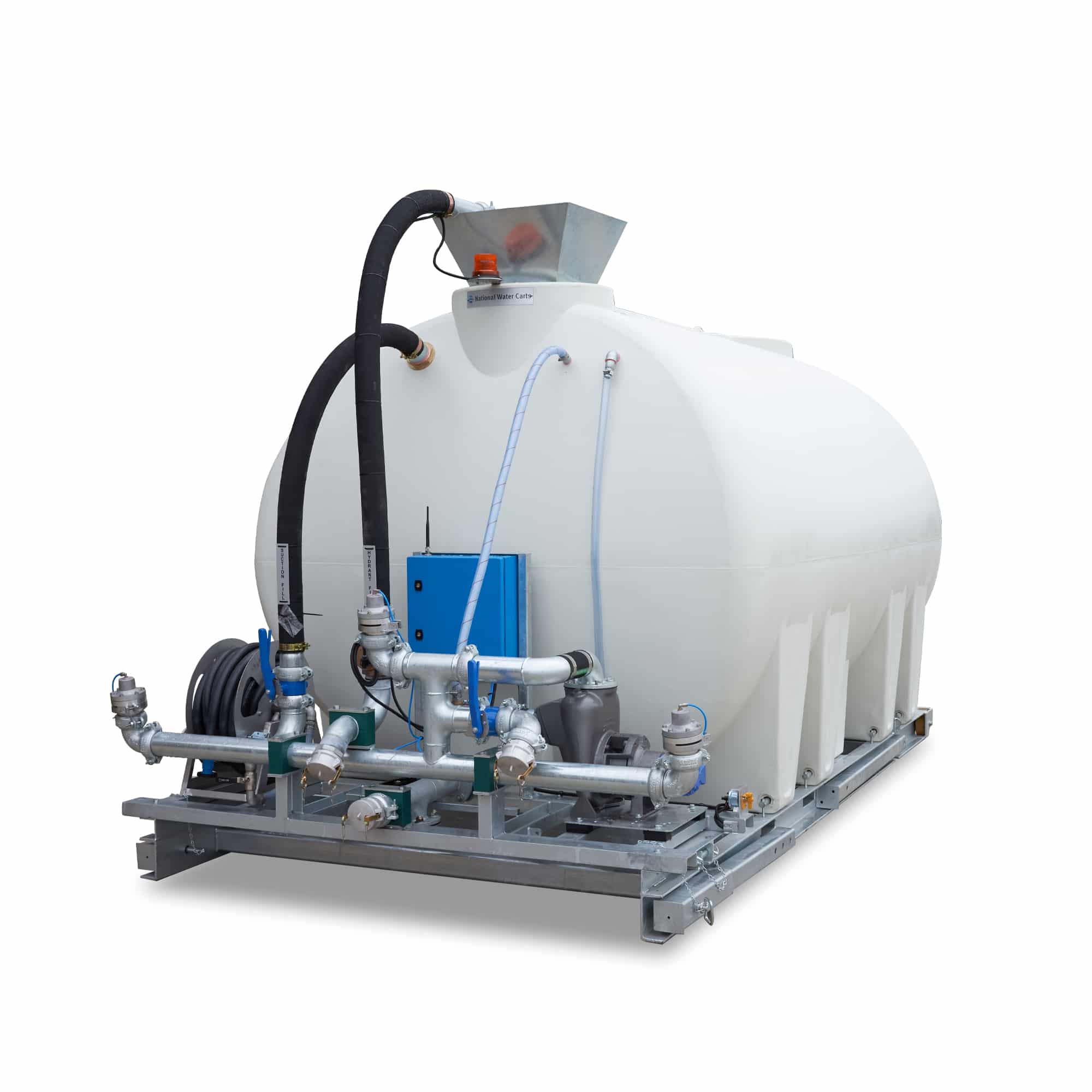 The 12000L Civmaster Premium Hydraulic Water Cart features a large white plastic tank with metal pipes, hoses, and control boxes mounted on a sturdy metal frame, by National Water Carts. Isolated on a white background.