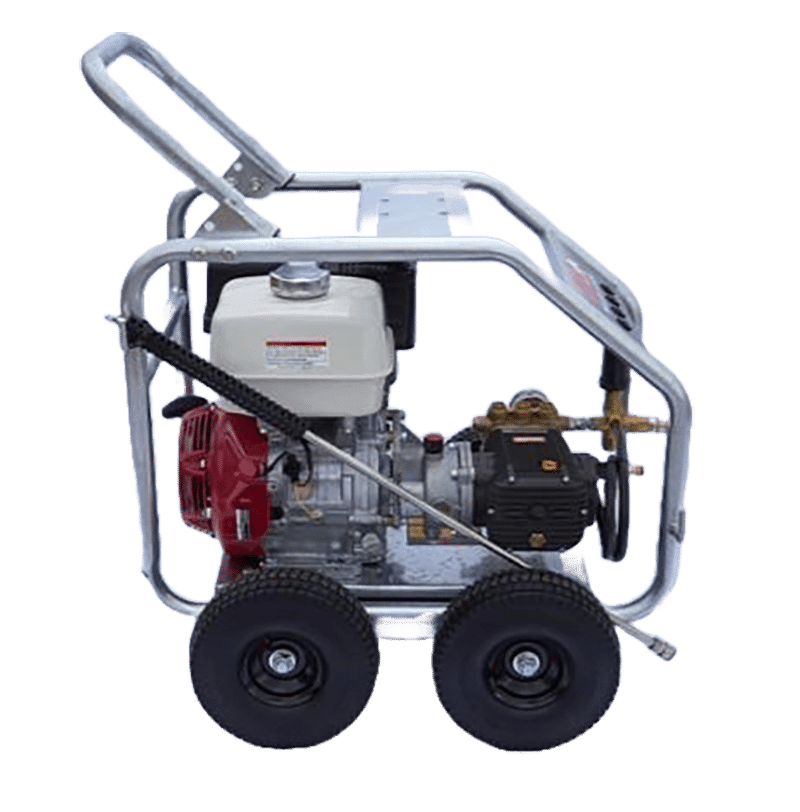 The BAR Pressure Washer Honda GX390 Gearbox Drive 3500PSI features a metal frame, large black wheels, a red and white engine, and a side-mounted spray wand, all isolated on a transparent background.