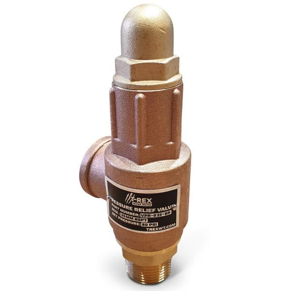 The Pressure Relief Valve by National Water Carts is a brass, vertically cylindrical valve with a threaded bottom, side outlet, domed top cap, and label reading T-REX Pressure Relief Valve.