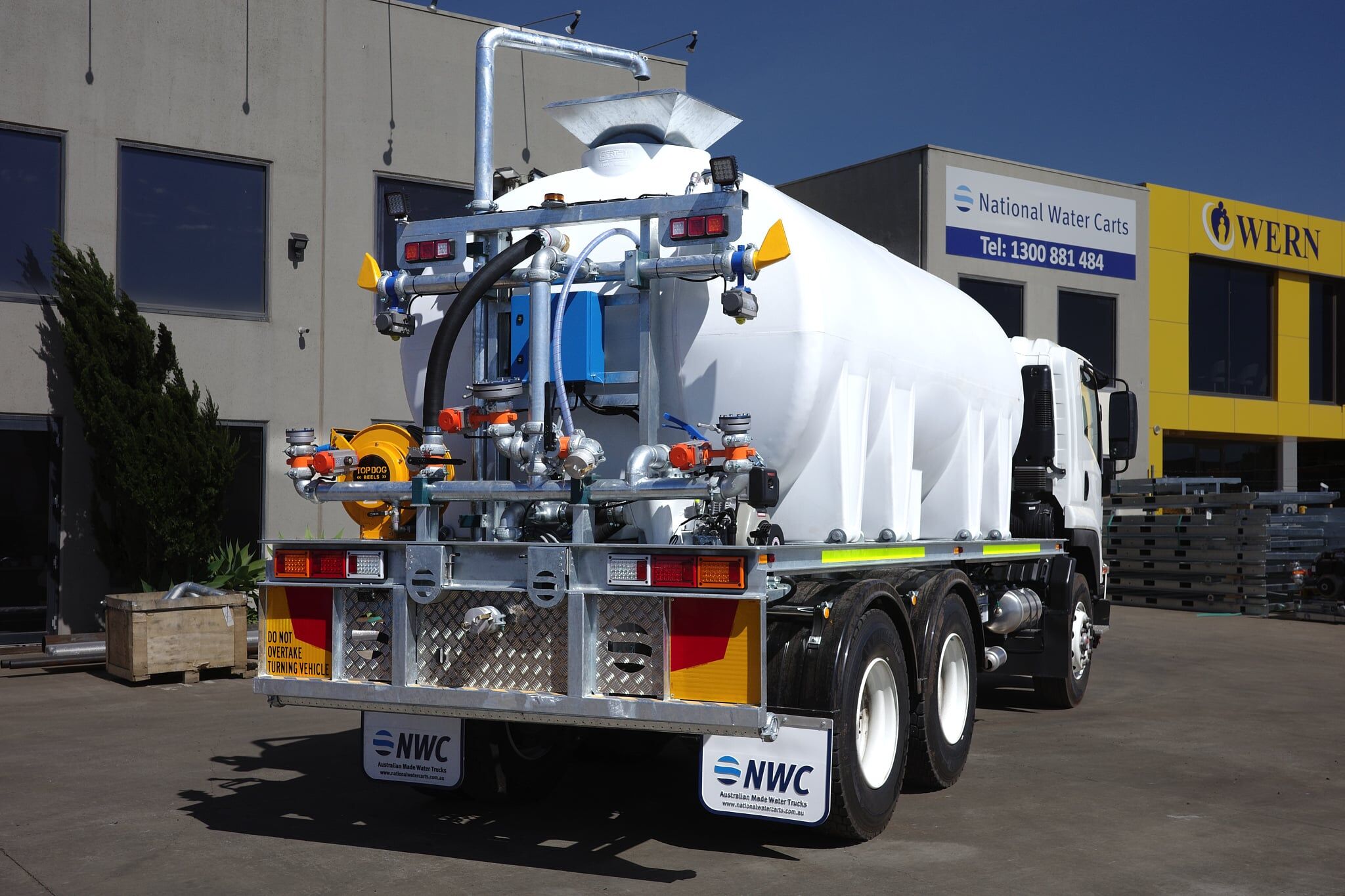 A CivMaster EXM FVZ diesel water truck parked at the National Water Carts facility in Ravenhall, Victoria.