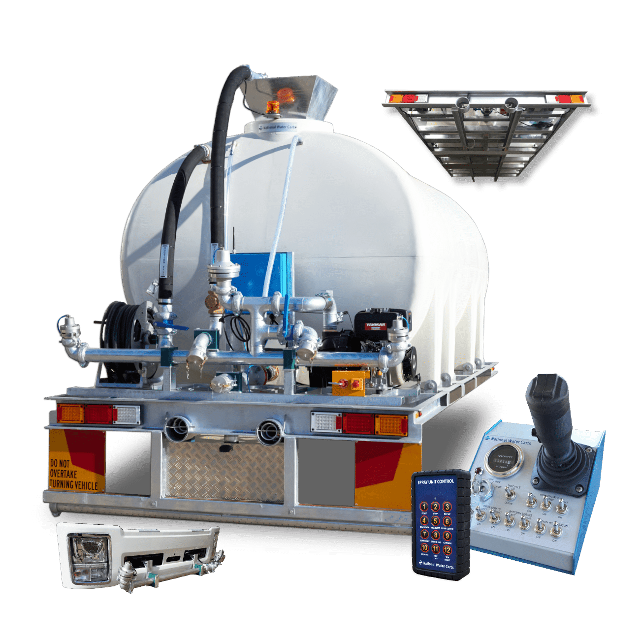 A water truck chassis module install kit showing modular components, including pipework, spray system, control panel and remote control, without the cab chassis.