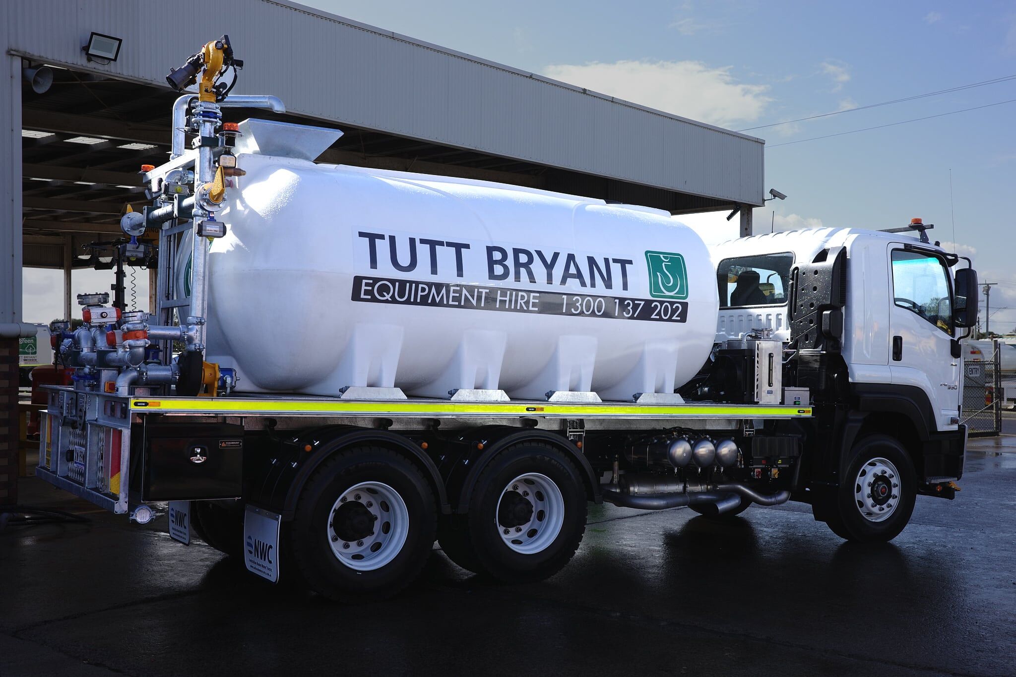 A CivMaster EXM CANbus Isuzu FVZ hydraulic water truck parked at the Tutt Bryant facility in Moolap.