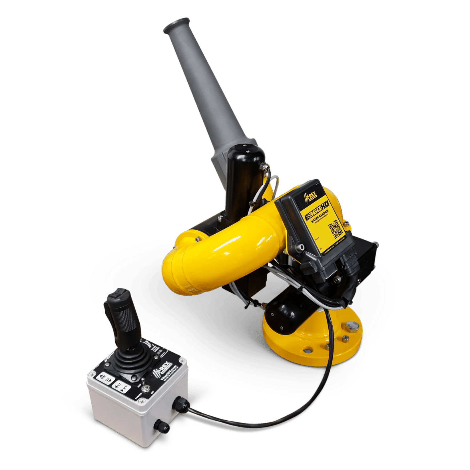 The APEX XD MK2 - ELECTRIC WATER CANNON KIT is a yellow and black remote-controlled water cannon with a gray nozzle, linked by cable to a control box with joystick and buttons, designed by National Water Carts.