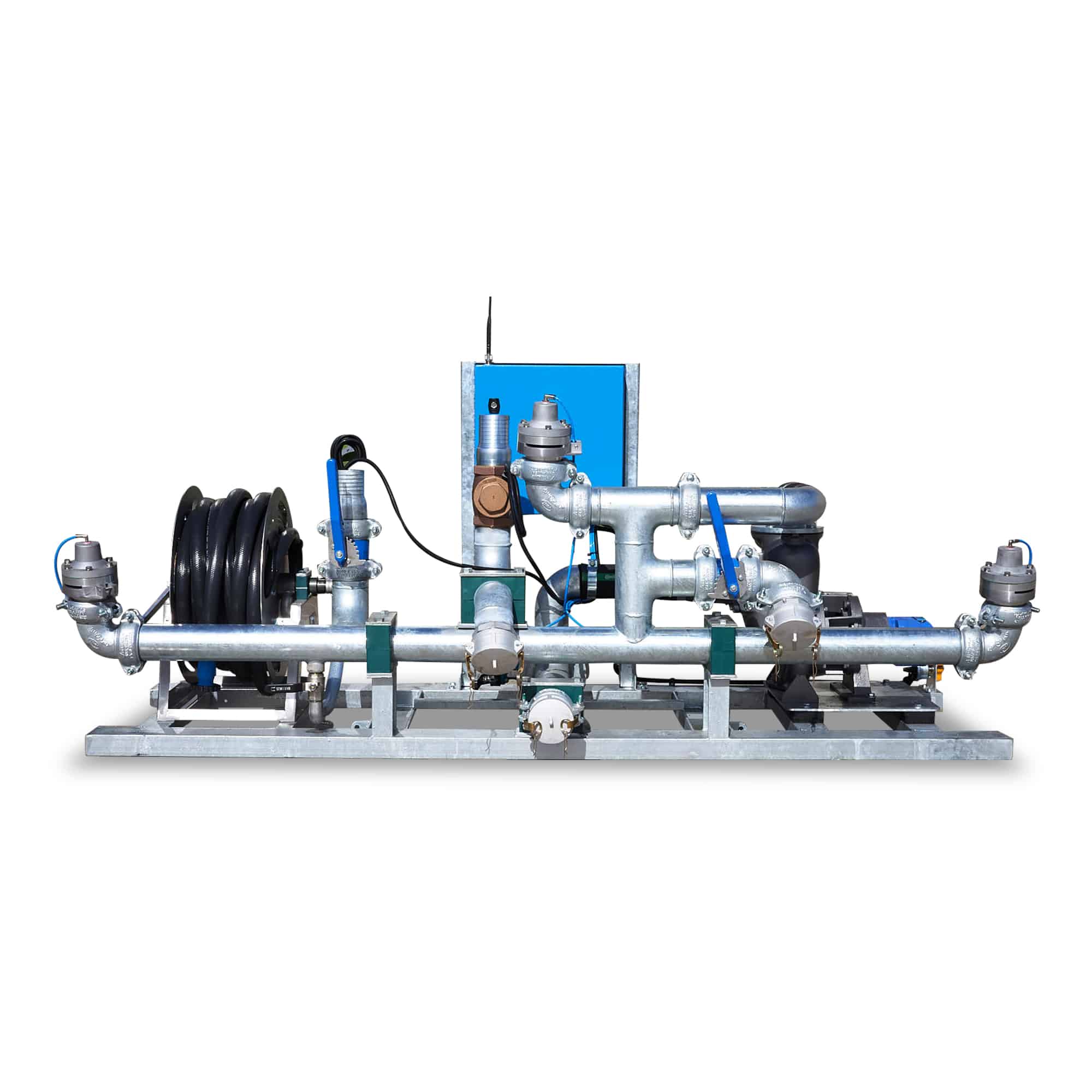Rear Spray Module by National Water Carts featuring interconnected metal pipes, valves, gauges, and a coiled hose on a rectangular frame with a blue control panel in the background, isolated on a white background.