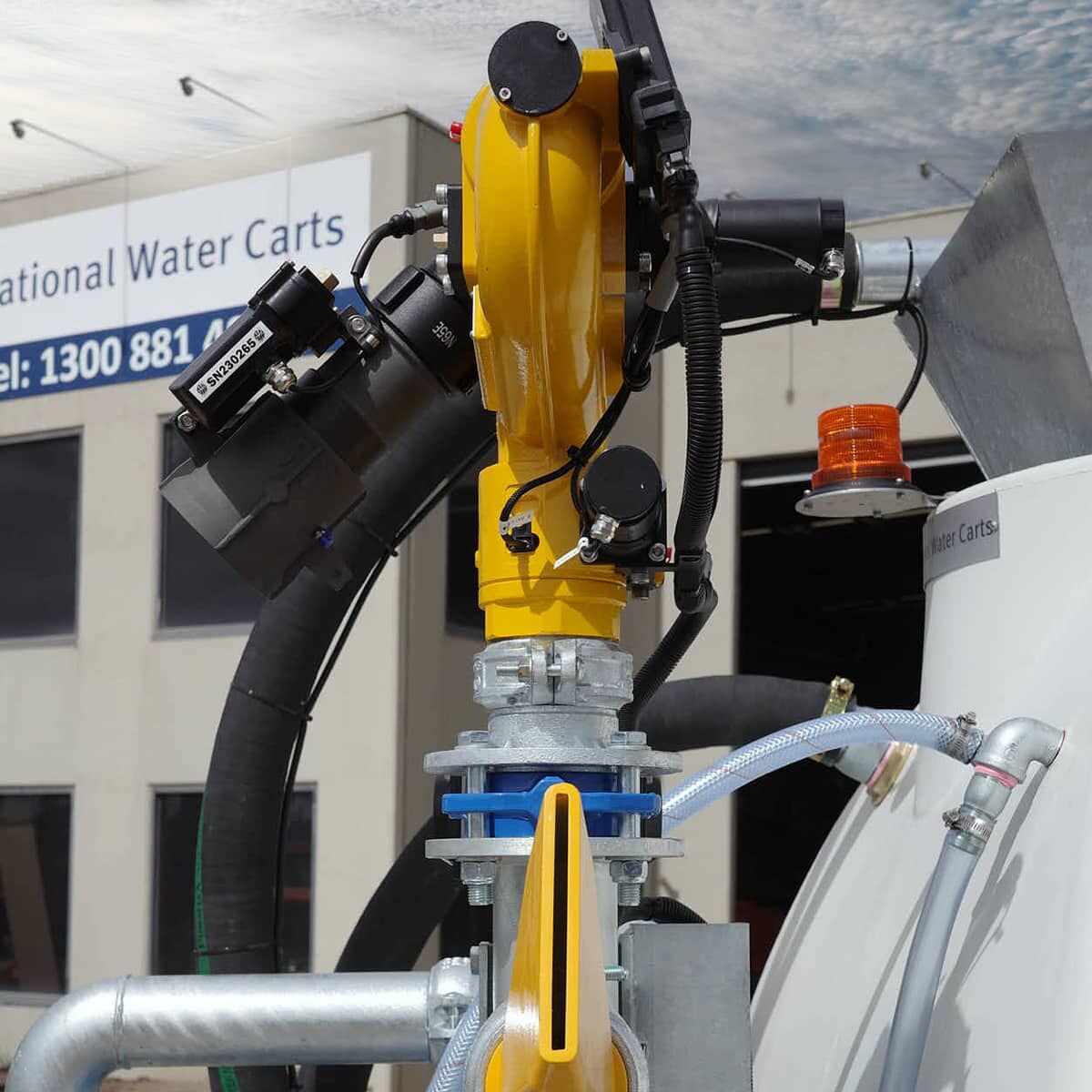 A close-up of the electric water cannon and control fittings on a CivMaster EXM water cart.
