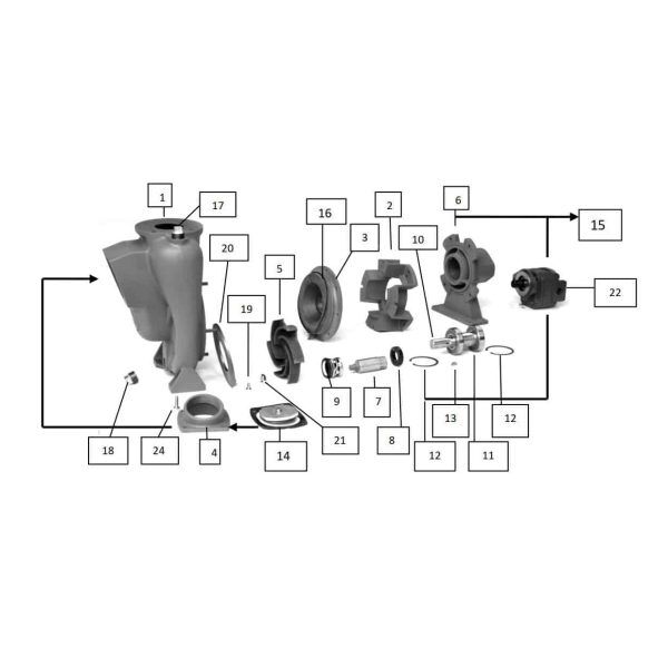 Exploded view diagram of the 2000-021 - IMPELLER SHAFT NUT by National Water Carts, with numbered parts like casings, bolts, seals, and fittings displayed in assembly order.