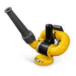 The APEX XD MK2 - ELECTRIC WATER CANNON KIT by National Water Carts features a yellow curved pipe, long gray nozzle, black motor, and mounted base—ideal for directing water flow in industrial settings.