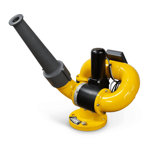 The APEX XD MK2 - ELECTRIC WATER CANNON KIT by National Water Carts features a yellow curved pipe, long gray nozzle, black motor, and mounted base—ideal for directing water flow in industrial settings.
