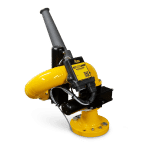 The APEX XD MK2 - ELECTRIC WATER CANNON KIT by National Water Carts is a yellow industrial unit with a curved pipe, black motor, control panel, and vertical gray exhaust, all on a circular yellow base.