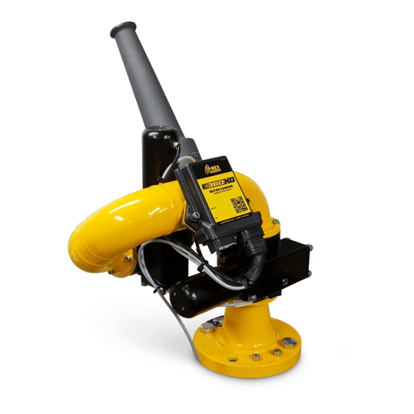 The APEX XD MK2 - ELECTRIC WATER CANNON KIT by National Water Carts is a yellow industrial unit with a curved pipe, black motor, control panel, and vertical gray exhaust, all on a circular yellow base.