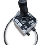 The APEX XD MK2 - ELECTRIC WATER CANNON KIT by National Water Carts is a black and silver desktop joystick with labeled buttons and a connected cable, ideal for precise gaming or simulation control.