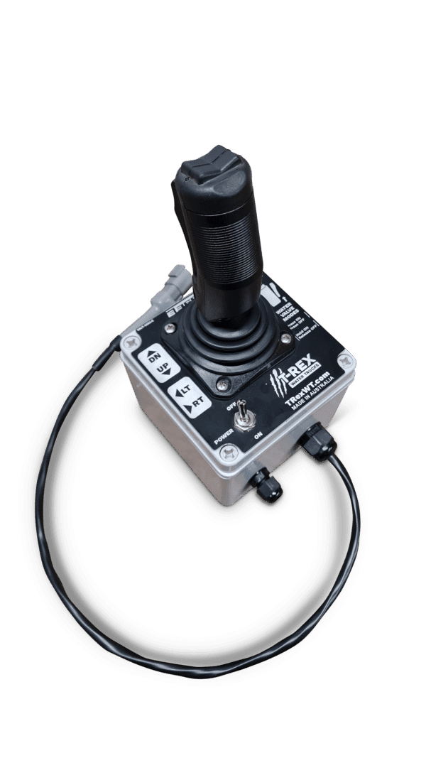 The APEX XD MK2 - ELECTRIC WATER CANNON KIT by National Water Carts is a black and silver desktop joystick with labeled buttons and a connected cable, ideal for precise gaming or simulation control.