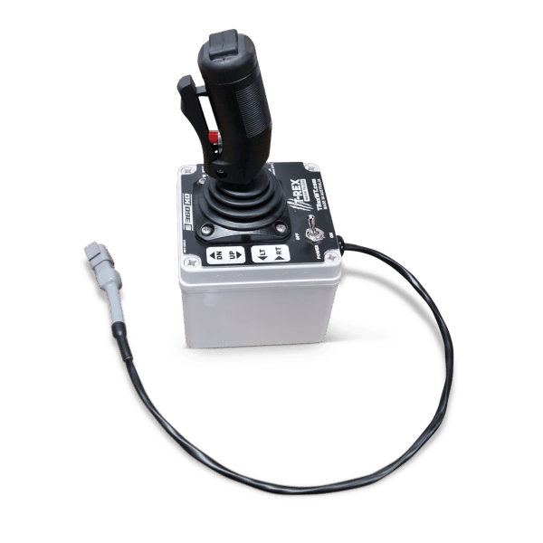 A black joystick controller for the APEX XD MK2 – Electric Water Cannon Kit by National Water Carts, with attached cable, mounted on a labeled rectangular base with control buttons.