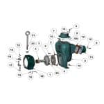 Exploded diagram of the 2000-002 - MOTOR FRAME by National Water Carts, displaying 21 numbered parts—including the frame, cover, impeller, bolts, and gaskets—each part clearly labeled with reference numbers for identification.
