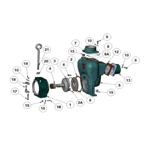 Exploded diagram of the 2000-002 - MOTOR FRAME by National Water Carts, displaying 21 numbered parts—including the frame, cover, impeller, bolts, and gaskets—each part clearly labeled with reference numbers for identification.